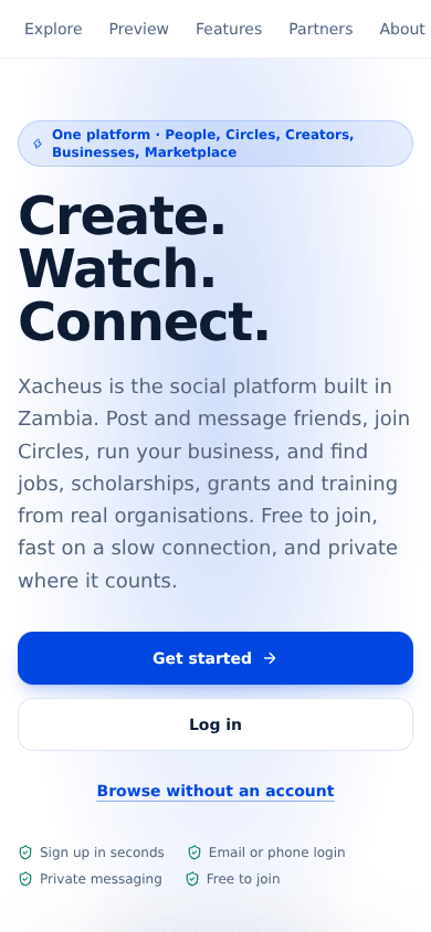 The Xacheus home page on a phone: the Create. Watch. Connect. heading with Get started and Log in buttons.