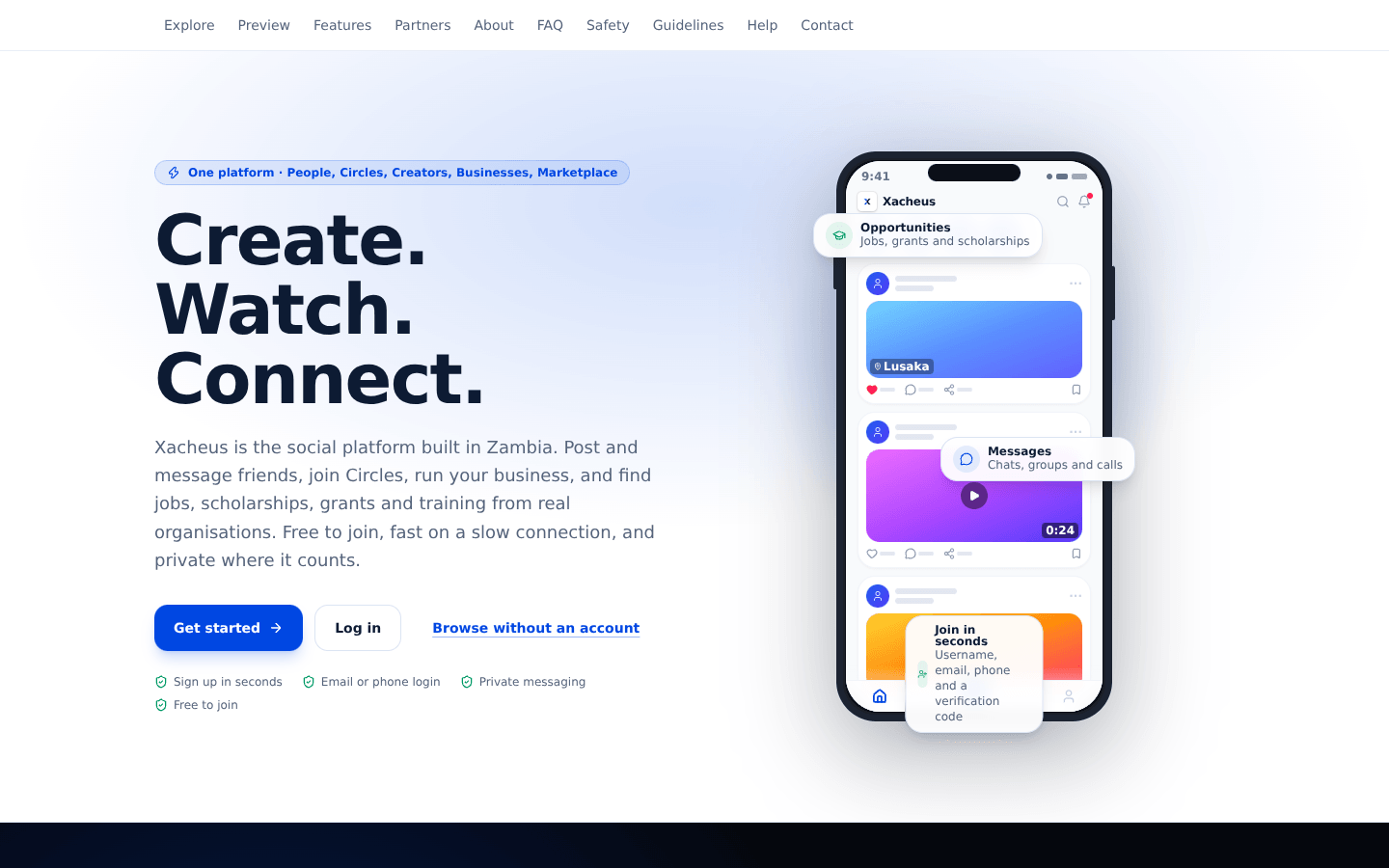 xacheus.com in a desktop browser: the home page with the Explore, Preview, Features, Partners, About, FAQ, Safety, Guidelines, Help and Contact menu.